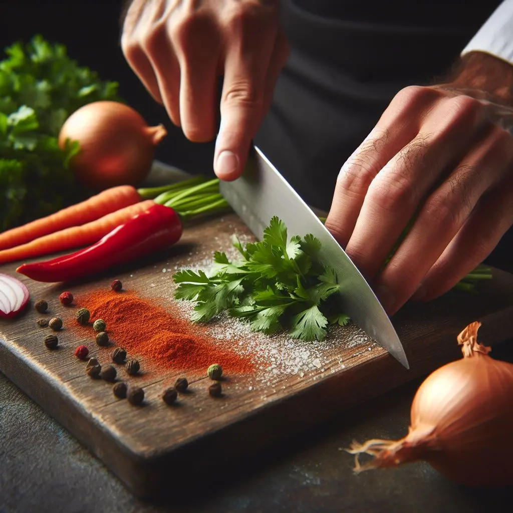 Chef picando ingredientes en plato de señor arroz